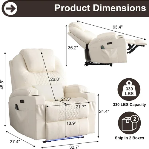 Vista 3 de AHMED Silla reclinable eléctrica con masaje por vibración y calor para adultos, asiento de cine en casa de piel sintética con portavasos, luces LED