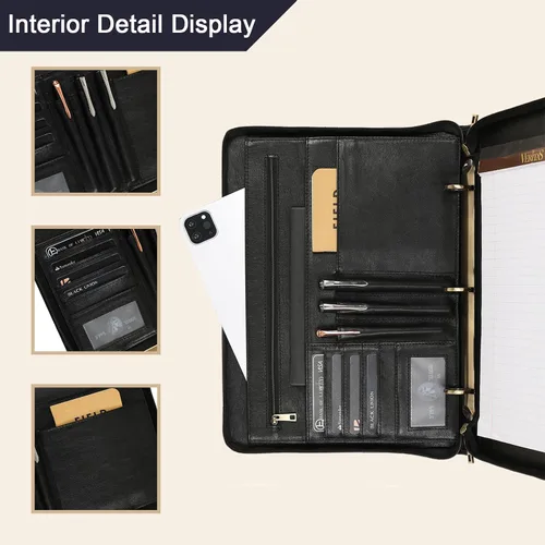 Vista 3 de Organizador de cartera de cuero genuino, carpeta de 3 anillos con bloc de notas, carpeta de cuero personalizada para hombres y mujeres