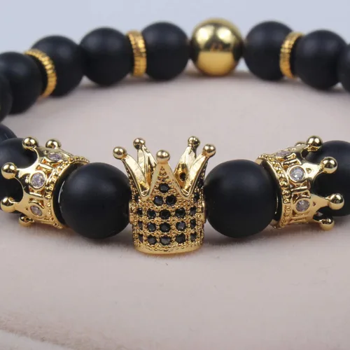 Vista 6 de Gvusmil - Brazalete de cuentas con corona imperial lujosa de rey y su reina para parejas, dije de regalo de joyería de Navidad para hombre y mujer