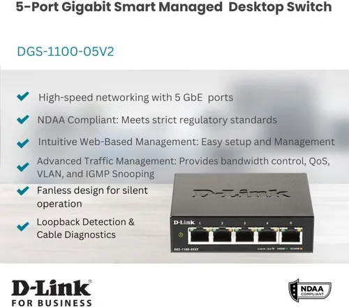 Vista 2 de D-Link Conmutador Ethernet gestionado inteligente Gigabit de 5 puertos, L2, VLAN, QoS, IGMP Snooping, LAG, interfaz de usuario web, metal resistente