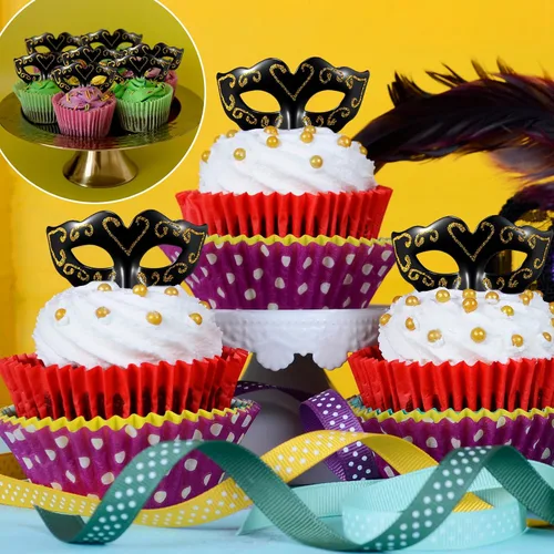 Vista 6 de Vinsot Mini máscaras para mascarada, máscara de Mardi Gras, decoración veneciana decorativa para cupcakes, decoración de carnaval