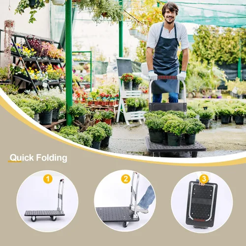 Vista 4 de Carro de mano de plataforma resistente para mudanza, plataforma plegable con ruedas giratorias de 360 grados, carrito de mano plegable para carga
