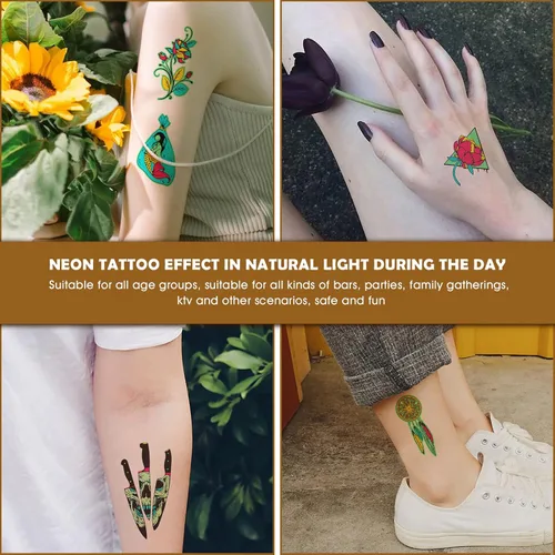 Vista 6 de Tatuajes que brillan en la oscuridad, 12 hojas de tatuajes de neón, tatuajes falsos, accesorio para festivales rave, tatuaje temporal para mujeres