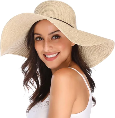 Vista 4 de Lanzom - Sombrero de paja con ala ancha para mujer, plegable, enrollable, de playa, con protección solar UPF 50+ Beige