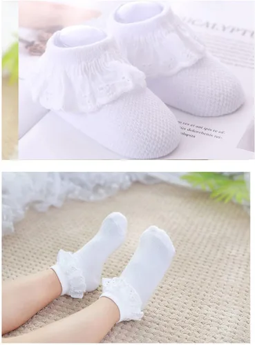 Vista 6 de Twtility - Calcetines de encaje con volantes y ojales para bebé y niña, de algodón, con volantes