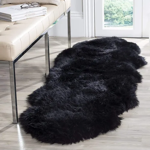 Vista 51 de HUAHOO Alfombra de piel de oveja genuina prémium Negra Real de Australia Piel de oveja natural de lujo, alfombra esponjosa de lana de cordero