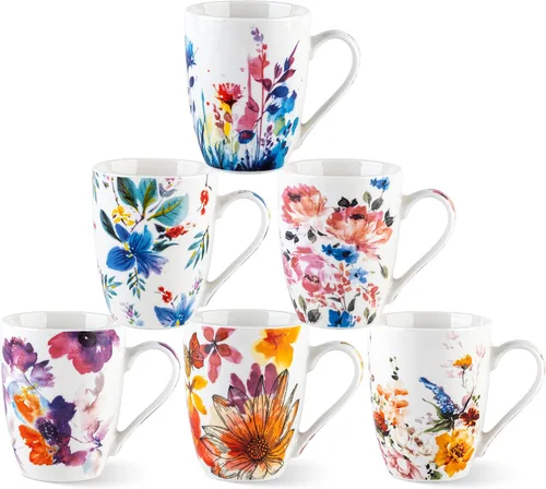 Vista 20 de GBhome Juego de 6 tazas de café de 12 onzas, tazas de café de cerámica con flores adhesivas para hombre, mujer, mamá, papá, juego de tazas de café