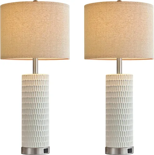 Vista 5 de Reaketon Juego de 2 lámparas blancas de 67.3 cm para recámara, lámparas de mesa modernas para sala de estar con puertos USB C+A, lámparas táctiles