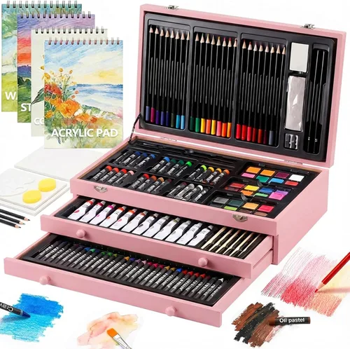 Vista 10 de Juego de arte de lujo de 194 piezas, suministros de pintura y dibujo con 4 blocs de dibujo, pinturas acrílicas, crayones, set de lápices