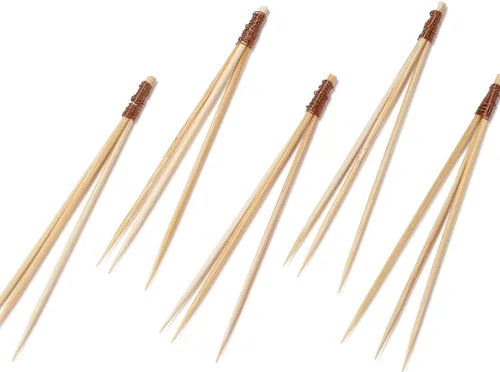 Vista 8 de Púas de cóctel de 3.5 pulgadas, 100 pinchos desechables para aperitivos, parte superior de cobre, palillos de dientes decorativos de bambú natural