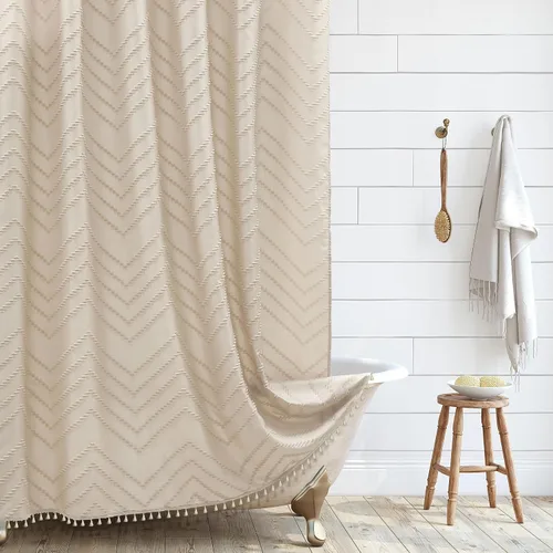 Vista 36 de Cortina de ducha Siiluminisoy de 36x72 beige, cortina de ducha de tela de tamaño pequeño, cortinas de ducha de tela con tufting, diseño chevron a