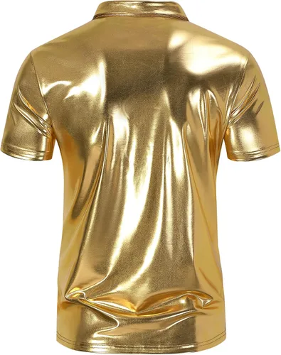 Vista 3 de TURETRENDY Camisa de discoteca de los años 70 para hombre, con lentejuelas brillantes, manga corta, para fiesta, polo hipster, discoteca, baile