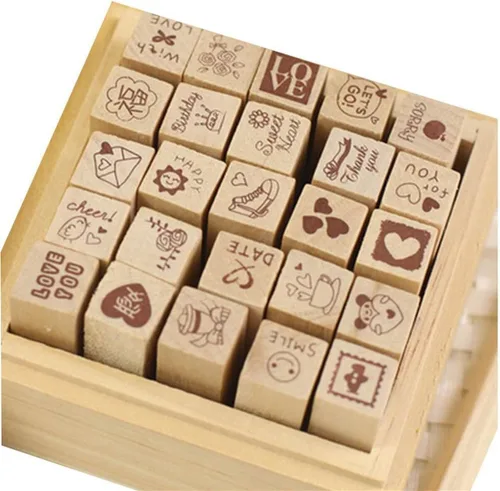 Vista 10 de Paquete de 25 sellos pequeños de goma de madera en forma de vida feliz verde con caja para tarjetas de manualidades y álbum de fotos (verde)