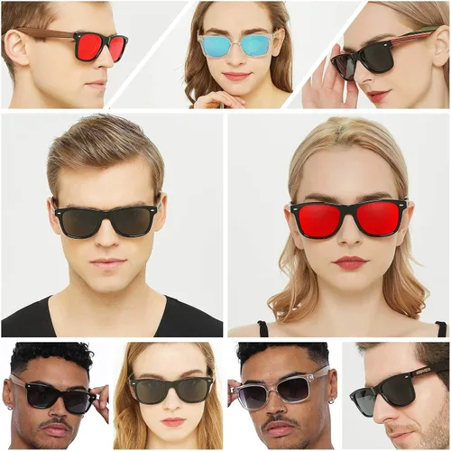 Vista 3 de ANDWOOD Gafas de sol polarizadas de madera para hombres y mujeres, protección UV, marco de bambú de madera, gafas de sol espejadas