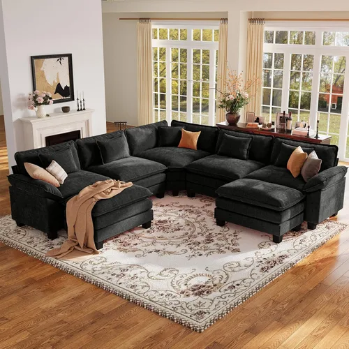 Vista 104 de Sofá modular de gran tamaño de 154 pulgadas, cómodo sofá en forma de U con 3 otomanas móviles, sofá moderno de felpilla de 7 plazas para sala