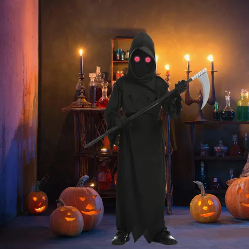 Vista 6 de Grim Reaper - Disfraz de Halloween con ojos rojos brillantes y guadaña para niños y niñas disfraz espeluznante fantasma para Halloween y cosplay