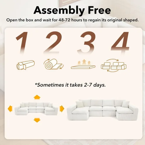 Vista 6 de THSUPER 130'' Oversized U Shaped Deep Seat Boneless Sectional Couch. Beige 6-Seat Plush Corduroy Cloud Sofa, No Assembly Required, 19" Extra-High