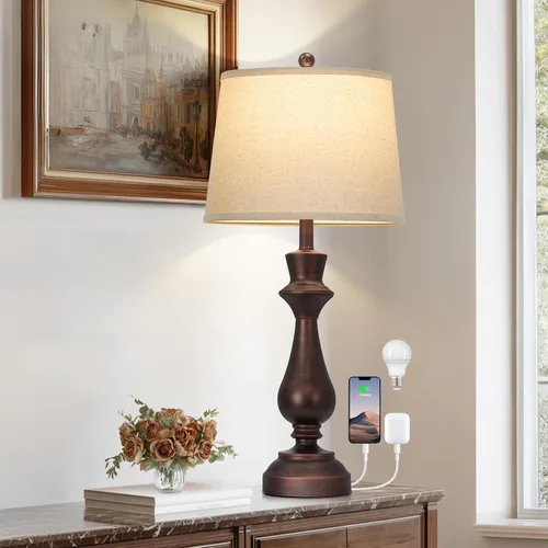 Vista 12 de Moderna lámpara de mesa plateada para sala de estar, lámpara de noche de 30 pulgadas de alto con puerto de carga USB, lámpara de mesita de noche