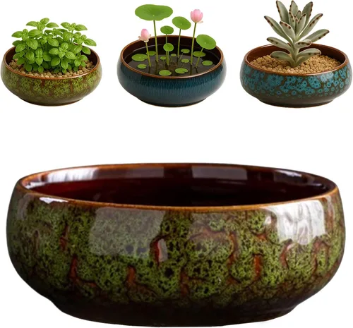 Vista 9 de Oncpcare Maceta en Forma de Tazón de Loto – Maceta de Cerámica para Plantas de Agua Sagradas, Bonsái, Flores de Loto, Jarrón Superficial