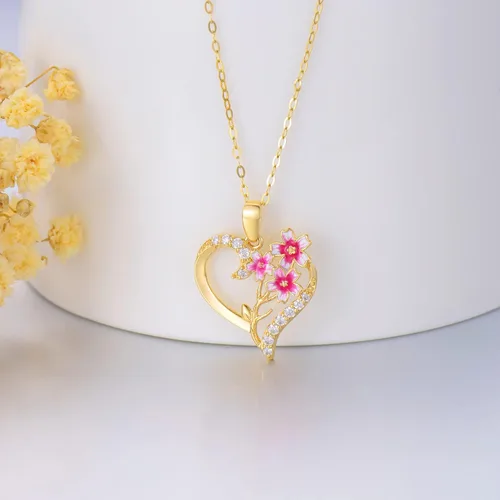 Vista 28 de Collar de flor de nacimiento de oro real de 14 quilates para mujer, oro amarillo creado moissanita con colgante de corazón, collares