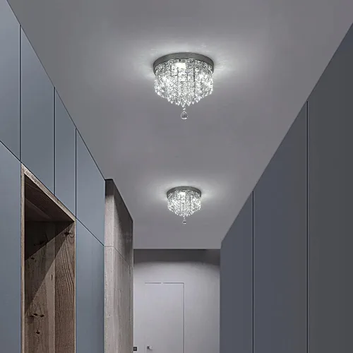 Vista 4 de Deckrico Candelabro de cristal moderno LED para techo, montaje empotrado, de acero inoxidable, pantalla de luz con cuentas para dormitorio, comedor