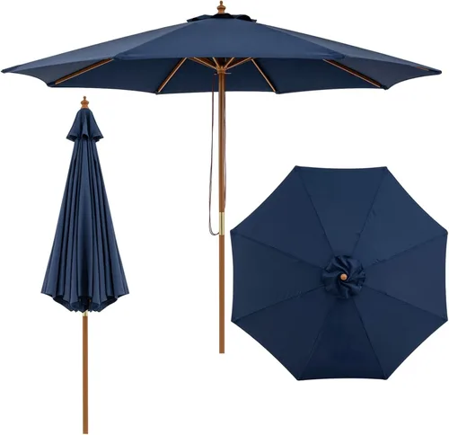 Vista 12 de HAPPYGRILL Sombrilla de patio de 9 pies, sombrilla de mercado para mesa al aire libre con 8 varillas de bambú resistentes, poste de madera, toldo
