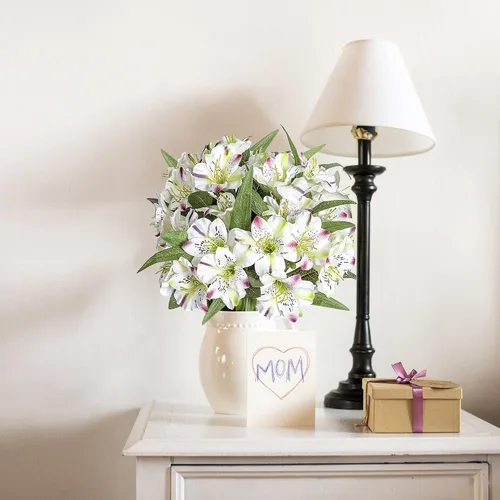 Vista 5 de Grand Verde Alstroemeria - Flores artificiales de 18 pulgadas de largo, ramo de pétalos de seda, decoración de boda, manualidades, centro de mesa