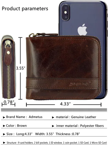 Vista 19 de Admetus - Cartera de piel auténtica para hombre con cremallera, plegable