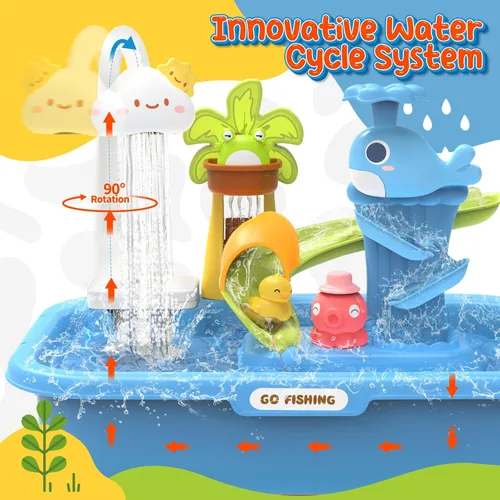 Vista 2 de Fregadero de juego de 21 pulgadas de alto con agua corriente, fregadero de cocina 4 en 1 para niños con grifo eléctrico, mini mesa de agua con patas