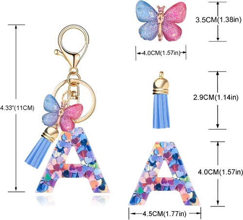 Vista 3 de Llavero de letra inicial del alfabeto de moda, borla y mariposa, llavero para bolso, bolsos de mano para mujeres y niñas