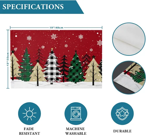 Vista 7 de Juego de 4 manteles individuales de árbol de Navidad, mantel rojo para decoración de mesa de comedor, manteles lavables de lino de algodón a cuadros