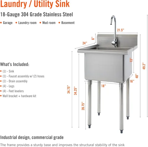 Vista 3 de TRINITY BASICS Fregadero independiente de acero inoxidable de un solo compartimento con grifo cromado, certificado NSF, para garaje, lavandería