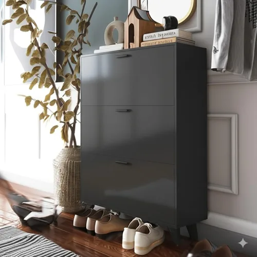 Vista 5 de Anystyle Armario de almacenamiento de zapatos negros para zapatos grandes, organizador de puertas abatibles ajustable de 3 niveles, gabinete