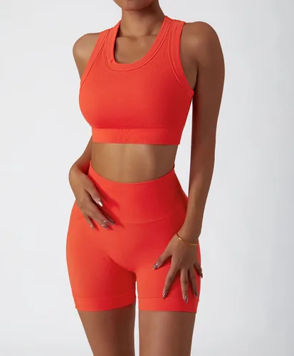 Vista 9 de Conjuntos de entrenamiento para mujer, 2 piezas, sin costuras, acanalada, sin mangas, brasier deportivo, cintura alta, pantalones cortos