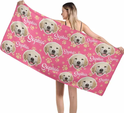 Vista 10 de MyPupSocks Toallas de playa personalizadas para niños y adultos, toalla de piscina con nombre y cara de perro, regalos personalizados con nombre