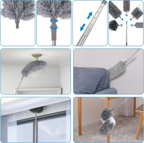 Vista 3 de Plumero extensible de microfibra (11 piezas) con poste de extensión de 100 pulgadas, lavable y reutilizable y flexible para limpiar ventilador