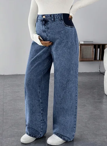 Vista 2 de BLENCOT Vaqueros de maternidad para mujer de cintura alta con pierna recta, pantalones de embarazo de mezclilla con bolsillos