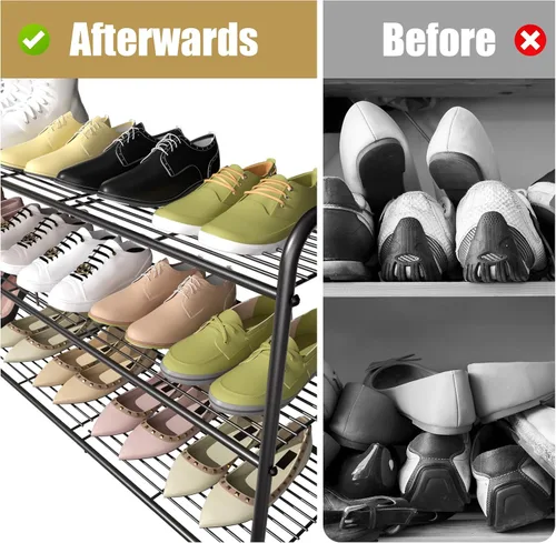 Vista 5 de Zapatero de metal largo de 3 niveles, estante organizador de zapatos apilable ajustable de gran capacidad para entrada de armario, bronce 42