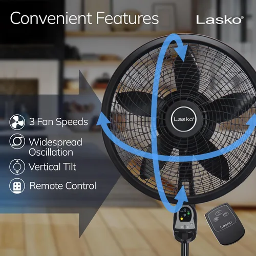 Vista 3 de Ventilador con 3 velocidades Lasko 18 pulgadas eficiente de la energía Swirling Cyclone Grill Pedestal control remoto incluido gratis