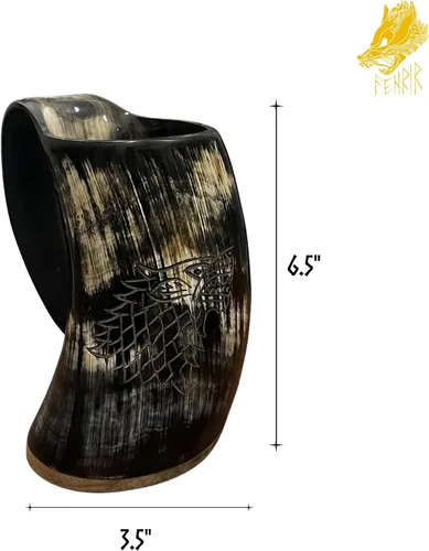 Vista 5 de FENRIR Cuerno vikingo para beber con taza de café y cuchara con plato Cuerno de buey auténtico nórdico Grado alimenticio medieval Bebidas