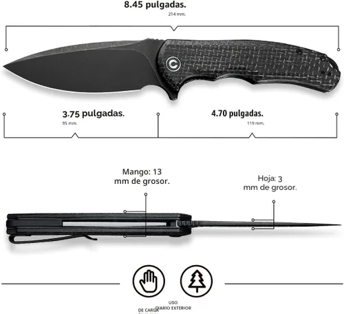 Vista 3 de CIVIVI Cuchillo de Bolsillo Plegable - Praxis Flipper con Liner Lock, Hoja Negra Stonewashed de 3.75", Mangos de Micarta, Clip Reversible