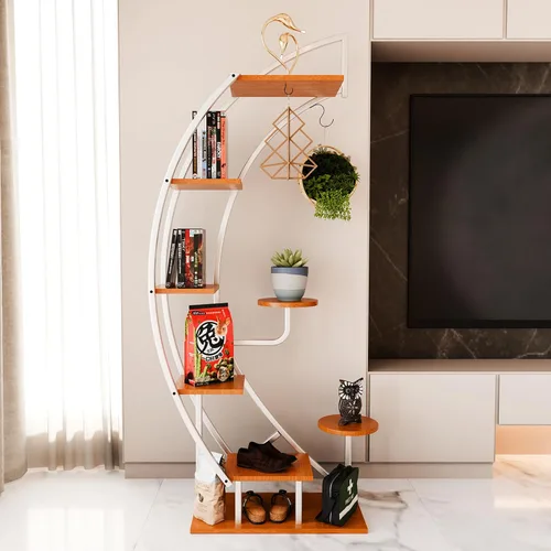 Vista 8 de IDZO - Estantería de metal en forma de media luna para plantas, estantes múltiples para interiores, marrón oscuro, ideal para la decoración
