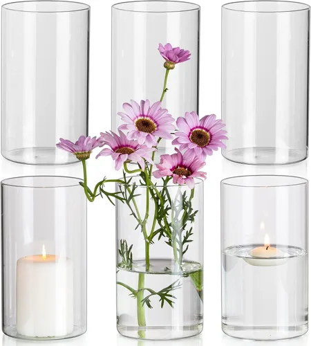 Vista 12 de Glasseam Jarrones Cilíndricos para Centros de Mesa, Juego de 6 Jarrones de Vidrio Transparente para Flores, Jarrón Moderno Pequeño para Velas