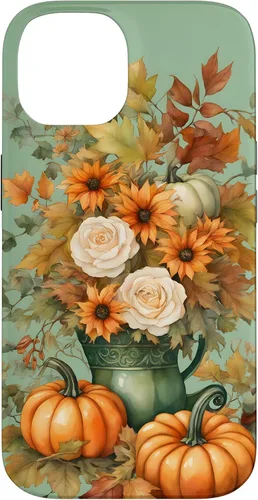 Vista 4 de Vintage Autumn Flower Fall Pumpkin Teal Case for iPhone 17