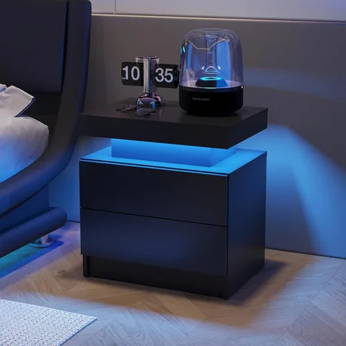 Vista 5 de Juego de 2 mesitas de noche LED negras, juego de 2 mesitas de noche modernas con 2 cajones, mesa auxiliar con luces LED para dormitorio, sala