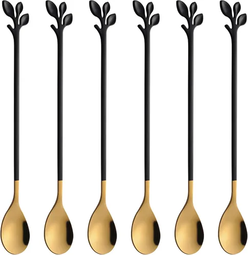 Vista 10 de AnSaw 6 cucharaditas elegantes de mango largo de hoja negra, cucharas de acero inoxidable de 7.4 pulgadas para café y té, perfectas para mezclar