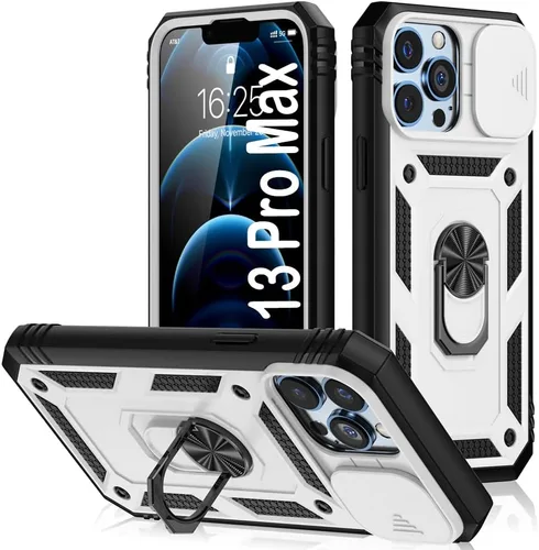 Vista 25 de PASNEW Funda militar para iPhone 13 Pro Max, cubierta de cámara deslizante y soporte de anillo de metal de 360°, carcasa rígida multicapa resistente