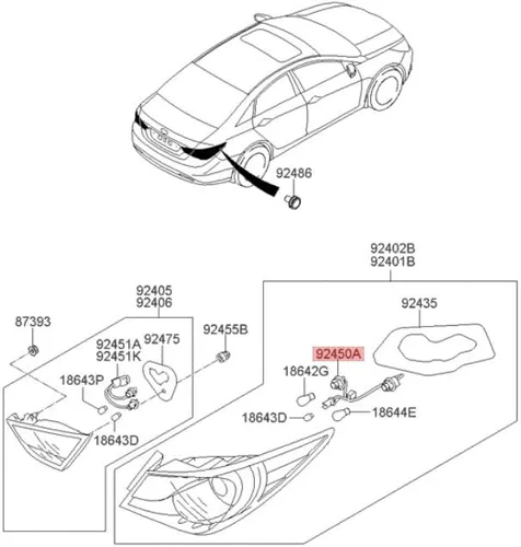Vista 2 de Genuine Hyundai 92450-3Q000 Soporte de lámpara trasera y cableado, exterior, trasero