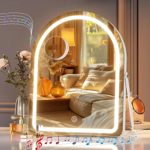 Vista 10 de Hasipu Espejo de tocador con luces, espejo de maquillaje LED arqueado de 11 x 14 pulgadas, espejo de maquillaje iluminado con luces, control táctil