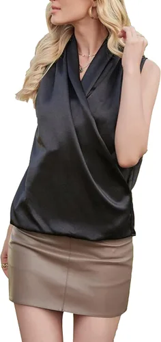 Vista 4 de LYANER Elegante blusa de satén con cuello en V sin mangas para mujer